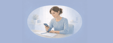 Woman looking at smartphone while sitting in front of paperwork.