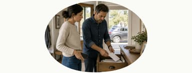 Couple look at an envelope from an open drawer full of mail.