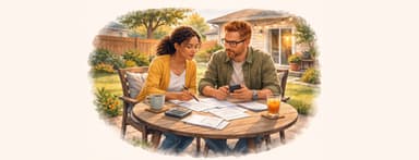 Couple reviewing HELOC documents and timeline for approval