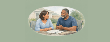 A couple talking over finances in the backyard. Discussing bankruptcy.
