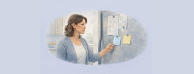 Woman looking at bills and sticky notes on refigerator
