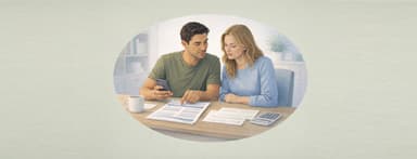 Man and wife reviewing papers and credit report/score.
