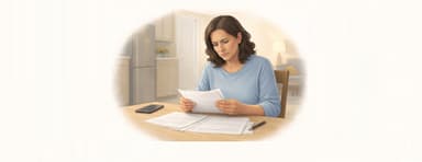 Woman sitting at a kitchen table reviewing financial paperwork.