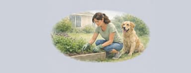 A young woman is gardening and her dog is next to her.