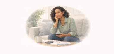 Woman sitting on a couch reviewing bills and notes, holding a phone