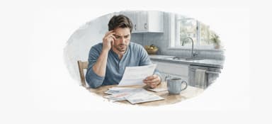 Man in kitchen looking over papers and working on debt settlement proposal