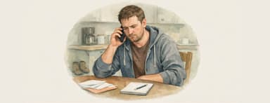 Man making a debt negotiation phone call at a kitchen table with bills and a notepad
