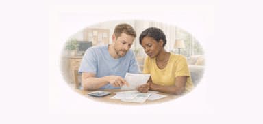 Couple discussing debt with papers on table