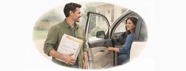A man with a packet of documents greets his wife at the driveway. She is in the car. Near their home.