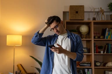 Man looks confused by what he's seeing on his phone.