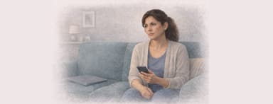 Woman sitting on a couch with a phone in her lap, thoughtfully considering options for resolving American Express debt