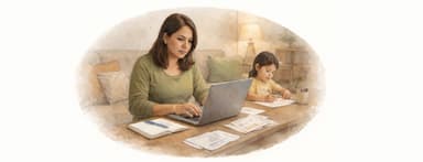 Woman checking her finances while her daughter is doing homework.